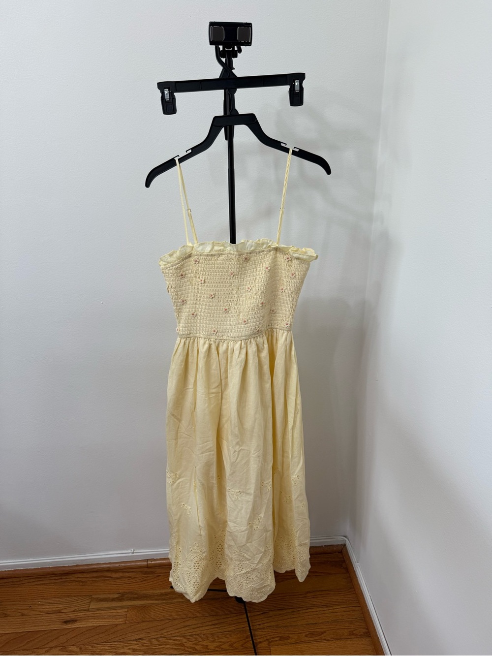 Altar'd State Pale Yellow Eyelet Smocked Midi Dress - Picture 4 of 6